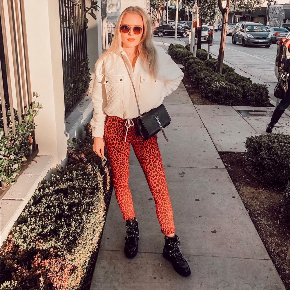 Zara Leopard Animal Print Red Black Skinny Pants